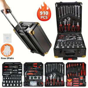 Tool Set Mechanics Tool Kit 910 PCS Wrenches Socket with Trolley Case Box Silver