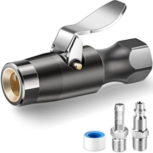 EVOULTES Closed-Flow Air Chuck, Heavy Duty Two Steel Jaws Lock on Brass Tire Chuck with Clip, No Leakage, 1/4" FNPT Quick Plug Tire Inflator Nozzle for Air Compressor Accessories, Up to 300 PSI