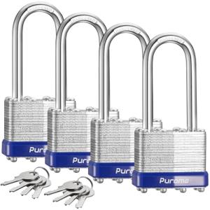 Puroma Lock 4 Pack Padlocks, 2” Long Shackle Heavy-Duty Locks with 8 Keys, 40mm Hardened Steel Keyed Alike Padlocks for Sheds, Gates, Fences, Toolbox, Outdoor and Indoor Use(Silver)