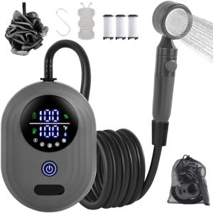 Brarvagur Lightweight Portable Camping Shower, 6000mAh Rechargeable Outdoor Shower Pump with 5 Pressure Modes, Filtered Shower Head, Temperature & Power Display for Hiking, Travel, Washing, Emergency