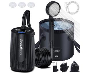 Portable Camping Shower - 10000mAh Rechargeable, 5-Speed with Collapsible Bucket with Handle 20L, IPX8 Waterproof, LED Display Camp Shower Pump- Perfect for Hiking, Travel, Cars & Pets