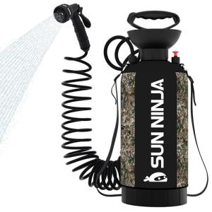 SUN NINJA Portable Shower, 2.1Gal Camping Shower with 7 Mode Shower Head, Neoprene Cover Help Keeps Water Warm, High Pressure Hose, Easy to Carry, Camo