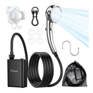 TRJZWA Portable Outdoor Shower, 2600mAh Battery Powered Camping Shower, Rechargeable Shower Pump with Adjustable Shower Head for Outdoor Shower Camp,Hiking Beach,Travel,Car Washing,Pet Bath,Garden