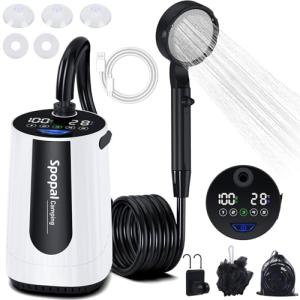 Spopal Portable Camping Shower - 10000mAh Rechargeable, 5-Speed, IPX8 Waterproof, LED Display Camp Shower Pump- Perfect for Hiking, Travel, Cars & Pets (White)