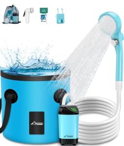 WADEO Portable Shower for Camping, Outdoor Electric Shower Rechargeable Pump with 20L Collapsible Bucket, Camping Shower Head Nozzle for Camping, Hiking, Traveling, Washing