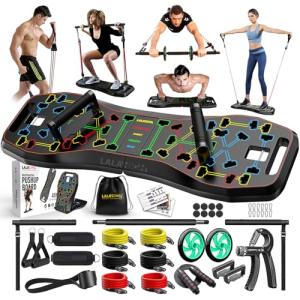 LALAHIGH Portable Home Gym System: Large Compact Push Up Board, Pilates Bar & 20 Fitness Accessories with Resistance Bands Ab Roller Wheel - Full Body Workout for Men and Women, Gift for Boyfriend