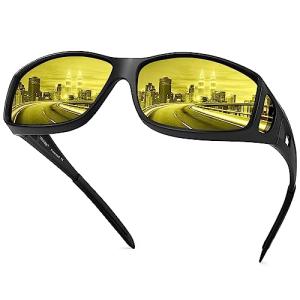 URUMQI Anti Glare Night Driving Glasses Fit Over Eyeglasses for Men Women, Polarized Nighttime Glasses HD Vision Yellow Lens