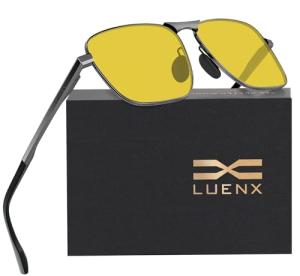 LUENX Men's Night Vision Driving Glasses Anti Glare Polarized Rectangular Sunglasses - Yellow Lens Gunmetal Frame