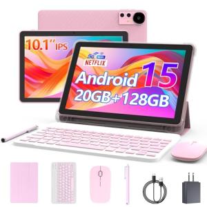 Android 15 Tablet 10 Inch, 20GB RAM+128GB ROM/2TB Expandable, 2 in 1 Tablets with Keyboard Case Mouse Stylus, 2.0GHz Quad-core Processor, 1280*800 IPS HD Screen, 5G WiFi6 BT 5.0, 8MP Camera Tableta PC