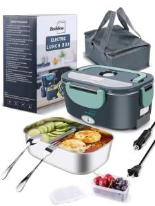 Buddew Electric Lunch Box 80W Food Heater for Adults, 12/24/110 V Portable Food Warmer for Travel & Work, 1.5L Food Warmers, Loncheras para Hombres de Trabajo (Green)
