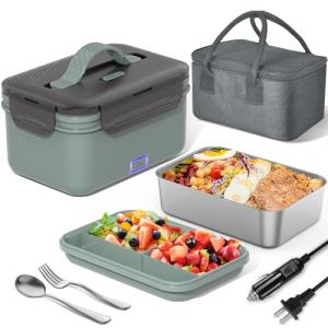 Herrfilk Electric Lunch Box Food Heater 100W, 4 in 1 Ultra Quick Heated Lunch Boxes for Adults 12V/24V/110V/220V Portable Food Warmer for Car/Truck/Office With Fork Spoon and Insulated Carry Bag