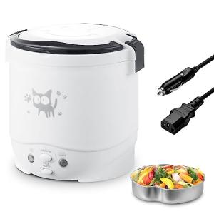 OSBA Mini Rice Cooker, 1L Small Rice Cooker 2 Cup-uncooked Travel Rice Maker 12V for Car with Steamer, Auto Keep Warm Suitable For 1-2 People, White