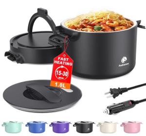 Portable Electric Lunch Box, 33 Ounce Food Warmer Cooker,12/24/110V Upgraded Heated Lunch Box for Car/Truck/Office Ideal Men & Women's Gifts,Warming Soup,Meal,Spill-Free,100W,Black