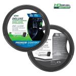 HD Driven SWC Premium Black Leather Steering Wheel Cover with Massage Grip – 18” Diameter for Semi-Trucks, Ribbed Rubber Core & High-Performance Leather, Vehicle Accessories