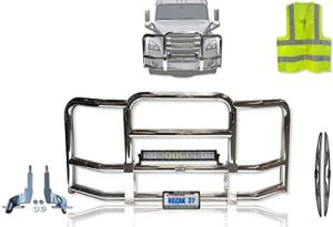 Full Front Bumper Grille Deer Brush Moose Guard Compatible with Freightliner Cascadia 2018+ - Chrome Square - 22" LED Bar, License Plate Holder, Brackets,Included