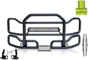 Front Grille Deer Moose Brush Bumper Guard Large Black Compatible with Volvo VNL 2018 and newer + Bracket, Logo with Stripe, 22" LED Light Bar, Wipers, License Plate Holder and Frame, Vest