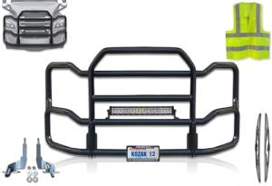 Black Front Grille Deer Moose Brush Bumper Guard Large Compatible with Freightliner Cascadia 2018 and Newer PLUS Bracket, Logo, 22" LED Light Bar, Wipers, License Plate Holder and Frame, Vest
