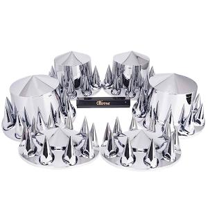Complete Chrome Wheel Cover Set, 33mm Lug Nut Covers for Semi Trucks, Pointed & Screw On, 2 Front and 4 Rear Axle Wheel Covers w/Removable Hub Caps (Installation Tool Included) (Point Top, Screw On)