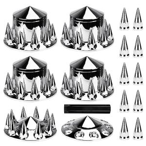 Youxmoto Chrome ABS Complete Axle Cover Set, 2 Front and 4 Rear with Hub Caps and 33mm Screw-On Spiked Lug Nut Covers for Semi Trucks