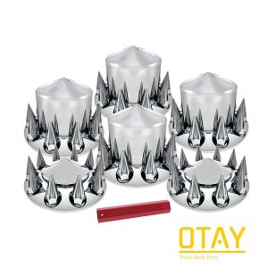 Complete Chrome Semi Truck Axle Wheel Cover Set W/ Spiked Lugs 2 Front 4 Rear