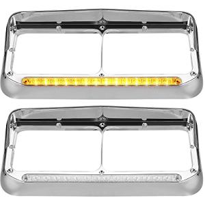 Partsam 2x Headlight Bezels Chrome w/Visor 12" Clear/Amber LED Light Strip Replacement for 4x6 Lights Kenworth T400 T600 T800 W900B W900L Peterbilt 378 379 Western Star 4900 Freightliner Semi Trucks