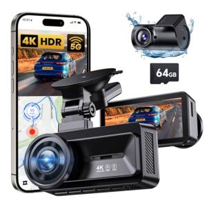 COOLCRAZY Dash Cam Front Rear: 4K+1080P Full HD Dashcam Free 64GB Card, with 5G WiFi GPS, Dual Dash Camera for Cars with 3" IPS Screen, Night Vision, HDR, App Control, 24H Parking Mode, Loop Record