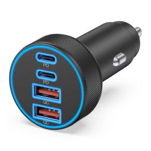 [4 in 1] USB C Car Charger, 4-Port 90W Super Fast Charging Cigarette Lighter Adapter, Dual 45W USBC & USB-A Multiport Car Phone Charger Accessories for iPhone 16e 16 15 14 13 12, iPad, Samsung Tablet