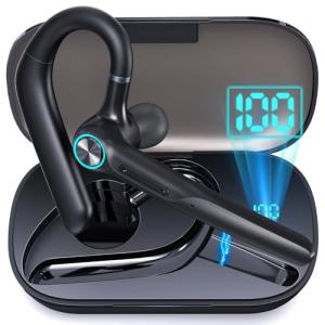 Eumspo Bluetooth Headset Wireless Earpiece 60Hrs Playback Built-in Dual Mic Noise Canceling Wireless Headset Earphone with 400mAh LED Charging Case for Business Office Trucker (Black)