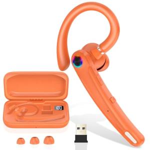 Atheewon Bluetooth Headset V5.4, 115H Playtime Wireless Bluetooth Earpiece with Dual Mic Noise Cancelling Computer Headset Hand Free Headphones for Trucker, Driver, Office, Home, Work, Business,Orange