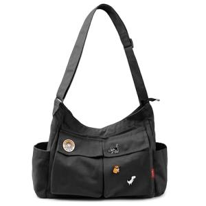 Large Denim Messenger Bag for Women - Black