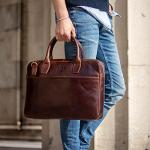Real Leather Large Laptop Shoulder Bag in Brown