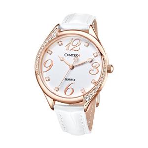 Chic Rose Gold Ladies Watch with White Leather Strap
