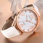Chic Rose Gold Ladies Watch with White Leather Strap