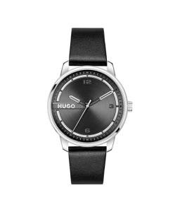 HUGO Men's Black Leather Strap Quartz Watch