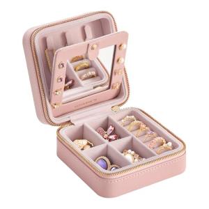 Compact Travel Jewellery Box with Mirror in Jelly Pink