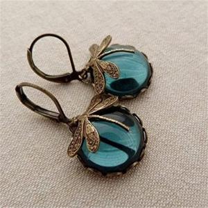 Vintage Bronze Dragonfly Drop Earrings with Moonstone