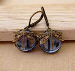 Vintage Bronze Dragonfly Drop Earrings with Moonstone