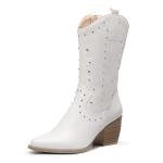 DREAM PAIRS Women's White Cowboy Mid Calf Boots