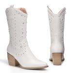 DREAM PAIRS Women's White Cowboy Mid Calf Boots