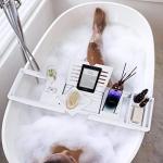 Woodluv Bath Tray, Extendable Bath Caddy Trays for Bathtub Accessories with Tablet Phone Slots, Candle Mug/Cup Holder, Bathroom Organiser, Bath trays for across the bath with Soap Holder, White