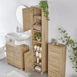 VonHaus Tall Oak Bathroom Cabinet with Slatted Design
