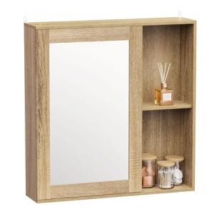 Oak Effect Mirror Bathroom Cabinet with Adjustable Shelf