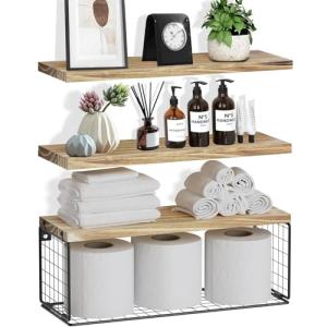 Rustic Wall Floating Shelves with Wire Basket