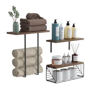 Wood Floating Shelves with Wire Basket Storage