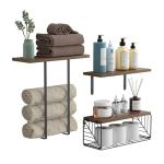 Wood Floating Shelves with Wire Basket Storage