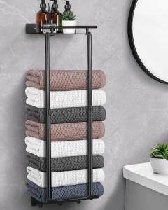 Adjustable Black Towel Rack with Shelf and Hooks