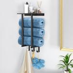 Wall-Mounted Towel Rack with Shelf and Hooks