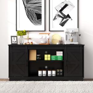 Black Wooden Sideboard with Sliding Barn Doors
