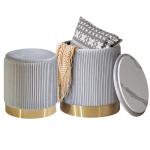 Set of 2 Gray Velvet Round Ottomans with Storage