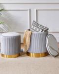 Set of 2 Gray Velvet Round Ottomans with Storage